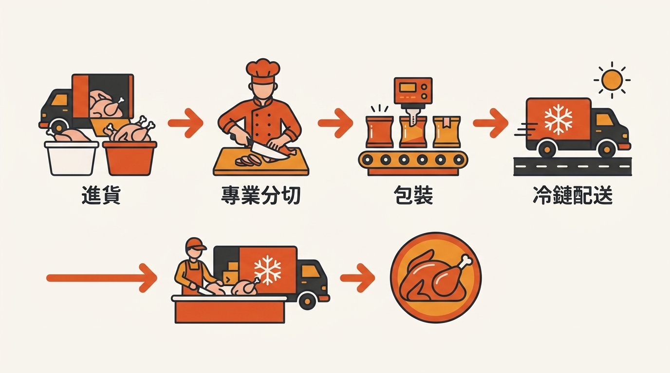 育崴 雞肉處理製程:進貨→專業分切→包裝→冷鏈配送